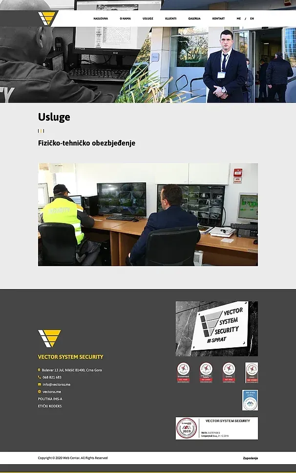 Fizičko-tehničko obezbjeđenje und Bezbjednosna analitika — die Website von Vector System Security