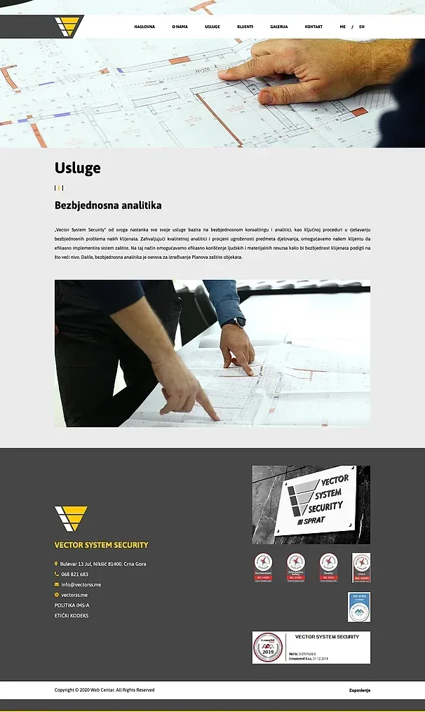 Fizičko-tehničko obezbjeđenje und Bezbjednosna analitika — die Website von Vector System Security