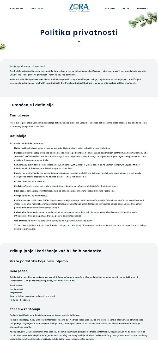 Datenschutzerklärung und Kolačići — die Website von Zora voda
