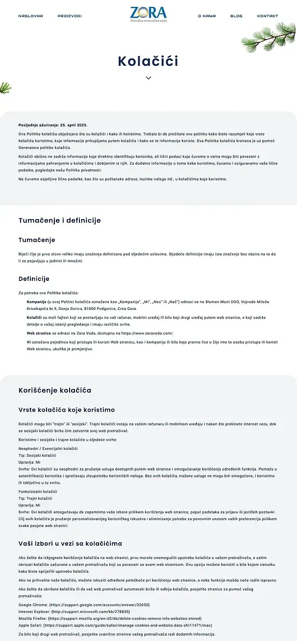 Datenschutzerklärung und Kolačići — die Website von Zora voda